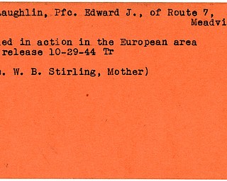 World War II, Vindicator, Edward J. McLaughlin, Meadville, killed, Europe, 1944, Trumbull, Mrs. W.B. Stirling