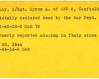 World War II, Vindicator, Myron A. McLay, Canfield, missing, Italy, 1944, declared dead, killed, 1945, Mahoning, Trumbull