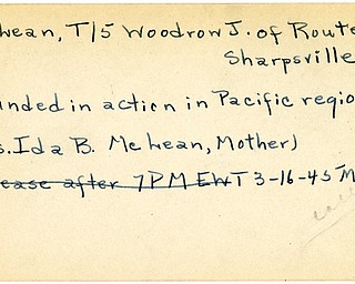 World War II, Vindicator, Woodrow J. McLean, Sharpsville, wounded, Pacific, 1945, Mahoning, Trumbull, Mrs. Ida B. McLean