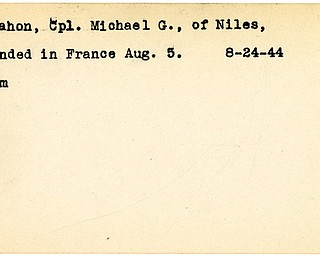 World War II, Vindicator, Michael G. McMahon, Niles, wounded, France, 1944, Trumbull