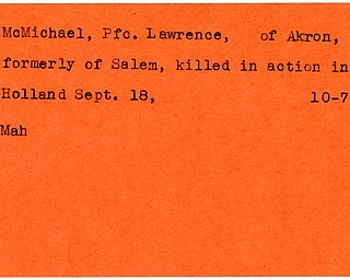 World War II, Vindicator, Lawrence McMichael, Akron, formerly Salem, killed, Holland, 1944, Mahoning
