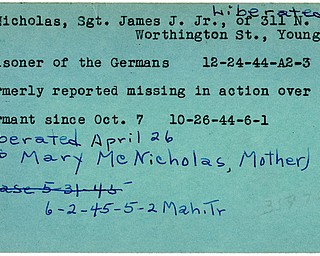 World War II, Vindicator, James J. McNicholas Jr., Youngstown, prisoner, Germans, Germany, missing, 1944, liberated, 1945, Mrs. Mary McNicholas
