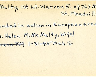 World War II, Vindicator, Warren E. McNulty, Meadville, wounded, Europe, 1945, Mahoning, Trumbull, Mrs. Helen M. McNulty