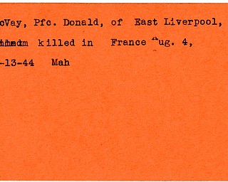 World War II, Vindicator, Donald McVay, East Liverpool, killed, France, 1944, Mahoning