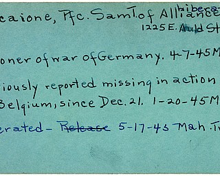 World War II, Vindicator, Sam T. Macaione, Alliance, missing, Belgium, prisoner, Germany, liberated, 1945, Mahoning, Trumbull
