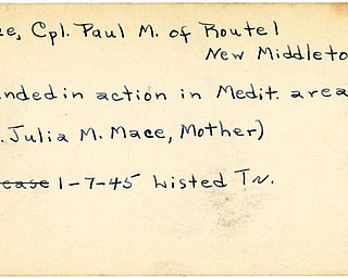 World War II, Vindicator, Paul M. Mace, New Middletown, wounded, Mediterranean, 1945, Trumbull, Mrs. Julia M. Mace