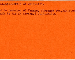 World War II, Vindicator, Gerald Mackall, Wellsville, killed, France, brother John T. Mackall first Yank to die in Africa, 1944