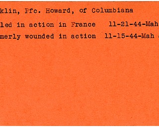 World War II, Vindicator, Howard Macklin, Columbiana, wounded, killed, France, 1944, Mahoning, Trumbull