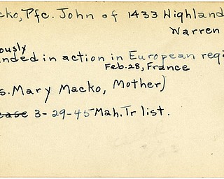World War II, Vindicator, John Macko, Warren, wounded, Europe, France, 1945, Mahoning, Trumbull, Mrs. Mary Macko