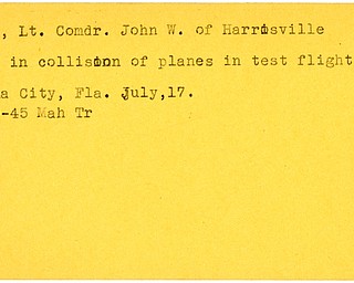 World War II, Vindicator, John W. Magee, Harrisville, killed, collision of planes, test flight, Panama City, Florida, 1945, Mahoning, Trumbull
