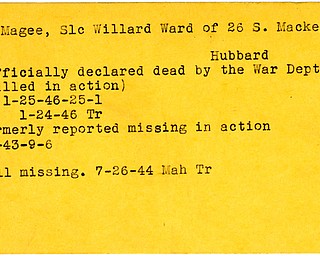 World War II, Vindicator, Willard Ward Magee, Hubbard, missing, 1943, 1944, officially declared dead, killed, 1946, Mahoning, Trumbull