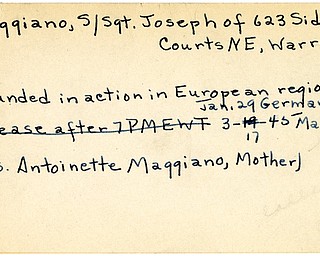 World War II, Vindicator, Joseph Maggiano, Warren, wounded, Europe, Germany, 1945, Mahoning, Trumbull, Mrs. Antoinette Maggiano