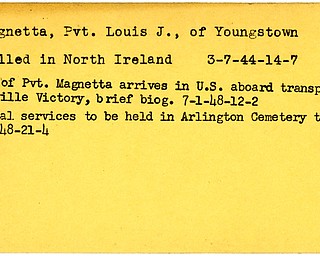 World War II, Vindicator, Louis J. Magnetta, Youngstown, killed, North Ireland, 1944, body arrives in U.S. aboard transport Greenville Victory, funeral, Arlington Cemetery, 1948