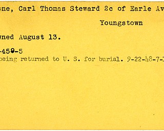 World War II, Vindicator, Carl Thomas Mahone, Youngstown, drowned, 1945, body returned to U.S., 1948