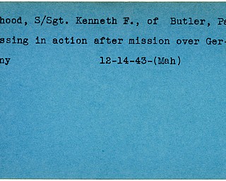 World War II, Vindicator, Kenneth F. Mahood, Butler, Pennsylvania, missing, over Germany, Germany, 1943, Mahoning