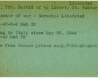 World War II, Vindicator, Darold Malkin, Hubbard, missing, Italy, 1944, prisoner, Germany, liberated, escape from German prison, 1945, Trumbull, Mahoning