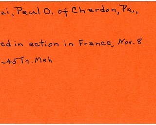 World War II, Vindicator, Paul O. Malzi, Chardon, Pennsylvania, killed, France, 1945, Trumbull, Mahoning