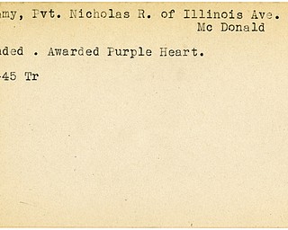 World War II, Vindicator, Nicholas R. Mamamy, McDonald, wounded, Awarded Purple Heart, 1945, Trumbull