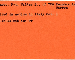 World War II, Vindicator, Walter E. Mamrot, Warren, killed, Italy, 1944, Mahoning, Trumbull