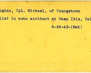 World War II, Vindicator, Michael Mangino, Youngstown, killed, auto accident, Camp Ibis, California, 1943, Mahoning