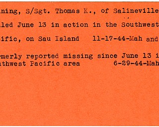 World War II, Vindicator, Thomas K. Manning, S/Sgt, Salineville, missing, Southwest Pacific area, killed, Sau Island, 1944, Mahoning, Trumbull