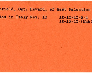 World War II, Vindicator, Howard Mansfield, Sgt., East Palestine, killed, Italy, 1943, Mahoning