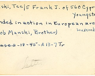 World War II, Vindicator, Frank J. Manski, Tec/5, Youngstown, wounded, Europe, Luxembourg, 1945, Trumbull, Jacob Manski