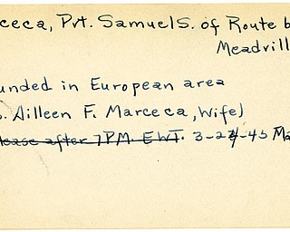 World War II, Vindicator, Samuel S. Marceca, Meadville, wounded, Europe, 1945, Mahoning, Trumbull, Mrs. Ailleen F. Marceca
