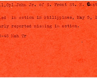 World War II, Vindicator, John Marcell Jr, New Castle, missing, killed, Philippines, 1942, 1945, Mahoning, Trumbull