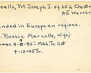 World War II, Vindicator, Joseph J. Marcello, Warren, wounded, Europe, 1945, Mahoning, Trumbull, Mrs. Bessie Marcello