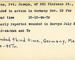 World War II, Vindicator, Joseph Marcus, Sharon, wounded, europe, wounded second time, wounded third time, Germany, 1944, 1945, Mahoning, Trumbull