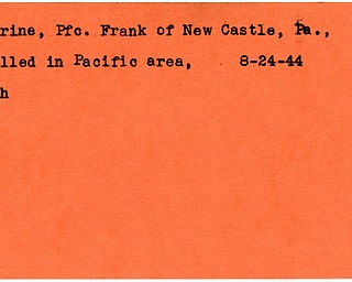 World War II, Vindicator, Frank Marine, Pfc., New Castle, Pennsylvania, killed, Pacific, 1944, Mahoning