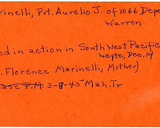 World War II, Vindicator, Aurelio J. Marinelli, Pvt., Warren, killed, Southwest Pacific, Leyte, 1945, Mrs. Florence Marinelli