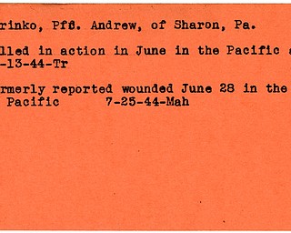World War II, Vindicator, Andrew Marinko, Pfc., Sharon, Pennsylvania, wounded, South Pacific, killed, Pacific, 1944, Mahoning, Trumbull