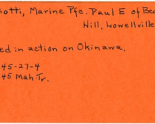 World War II, Vindicator, Paul E. Mariotti, Marine Pfc., Lowellville, killed, Okinawa, 1945, Mahoning, Trumbull