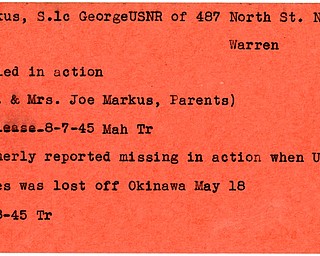 World War II, Vindicator, George Markus, S.1c, USNR, Warren, missing, USS Bates, Okinawa, killed, Mr. & Mrs. Joe Markus, 1945, Mahoning, Trumbull