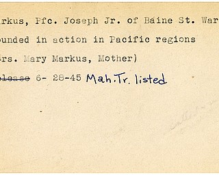 World War II, Vindicator, Joseph Markus Jr., Pfc., Warren, wounded, Pacific, 1945, Mahoning, Trumbull, Mrs. Mary Markus