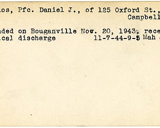 World War II, Vindicator, Daniel J. Marlos, Pfc., Campbell, wounded, Bouganville, 1943, medical discharge, 1944, Mahoning, Trumbull
