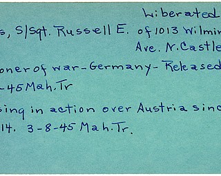World War II, Vindicator, Russell E. Mars, S/Sgt., New Castle, missing, Austria, prisoner, Germany, 1945, Mahoning, Trumbull, liberated, released