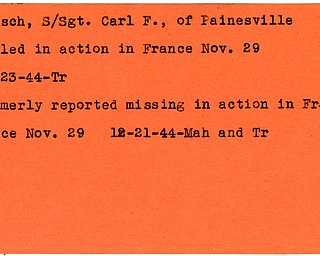 World War II, Vindicator, Carl F. Marsch, S/Sgt., Painesville, missing, France, killed, 1944, Trumbull, Mahoning