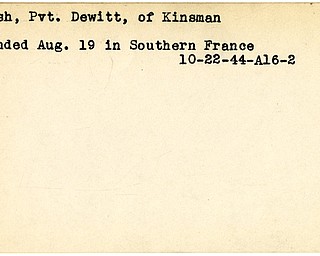 World War II, Vindicator, Dewitt Marsh, Pvt., Kinsman, wounded, France, 1944