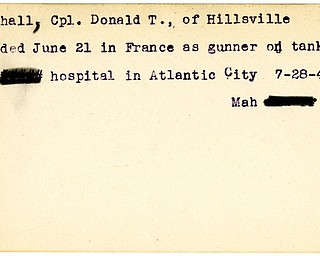 World War II, Vindicator, Donald T. Marshall, Cpl., Hillsville, wounded, France, gunner, hospital, Atlantic City, 1944, Mahoning
