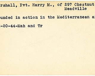 World War II, Vindicator, Harry M. Marshall, Pvt., Meadville, wounded, Mediterranean, 1944, Mahoning, Trumbull