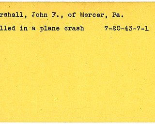 World War II, Vindicator, John F. Marshall, Mercer, Pennsylvania, killed, plane crash, 1943