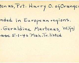 World War II, Vindicator, Harry O. Martenas, Pvt., Orangeville, wounded, Europe, 1945, Mahoning, Trumbull, Mrs. Geraldine Martenas
