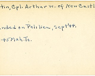 World War II, Vindicator, Arthur W. Martin, Cpl., New Castle, wounded, Pelilieu, 1945, Mahoning, Trumbull