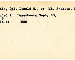 World War II, Vindicator, Donald W. Martin, Cpl., Mt. Jackson, Pennsylvania, wounded, Luxembourg, 1944, Mahoning