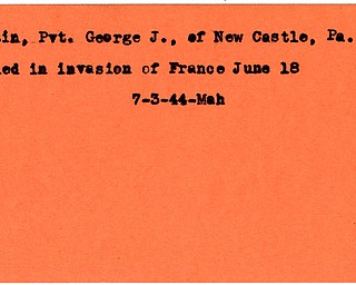 World War II, Vindicator, George J. Martin, Pvt., New Castle, Pennsylvania, killed, invasion, France, 1944, Mahoning