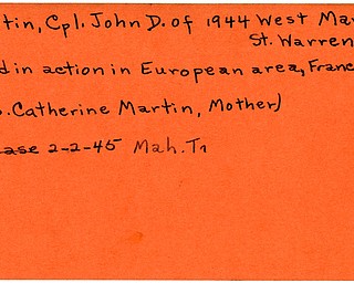 World War II, Vindicator, John D. Martin, Cpl, Warren, killed, Europe, France, 1945, Mahoning, Trumbull, Mrs. Catherine Martin