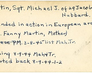 World War II, Vindicator, Michael J. Martin, Sgt., Hubbard, wounded, Europe, Mrs. Fanny Martin, 1945, Mahoning, Trumbull, missing, reported back, 1944